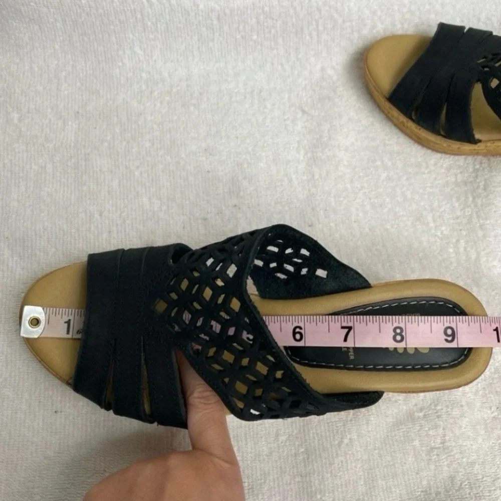 Spring Step Women Black Leather Perforate Faux Cork Wedge Platform Sandal Sz 7.5